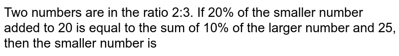 Two numbers are in the ratio 2:3. If 20% of the smaller number added to 20 is equal to the sum of 10% of the larger number and 25, then the smaller number is