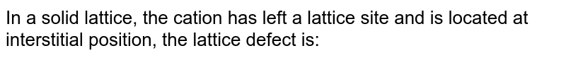 In a solid lattice, the cation has left a lattice site and is located at interstitial position, the lattice defect is: