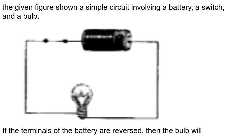 the given figure shown a simple circuit involving a battery, a switch, and a bulb. <br> <img src="https://doubtnut-static.s.llnwi.net/static/physics_images/BE_IIT_PHY_VI_C05_E01_017_Q01.png" width="80%"> <br> If the terminals of the battery are reversed, then the bulb will