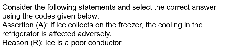 Consider the following statements and select the correct answer using the codes given below: <br> Assertion (A): If ice collects on the freezer, the cooling in the refrigerator is affected adversely. <br> Reason (R): Ice is a poor conductor. 