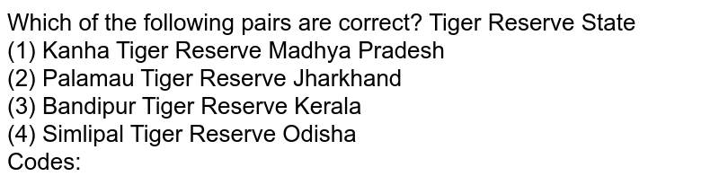 Which of the following pairs are correct? Tiger Reserve State (1) Kanha Tiger Reserve Madhya Pradesh (2) Palamau Tiger Reserve Jharkhand (3) Bandipur Tiger Reserve Kerala (4) Simlipal Tiger Reserve Odisha Codes: