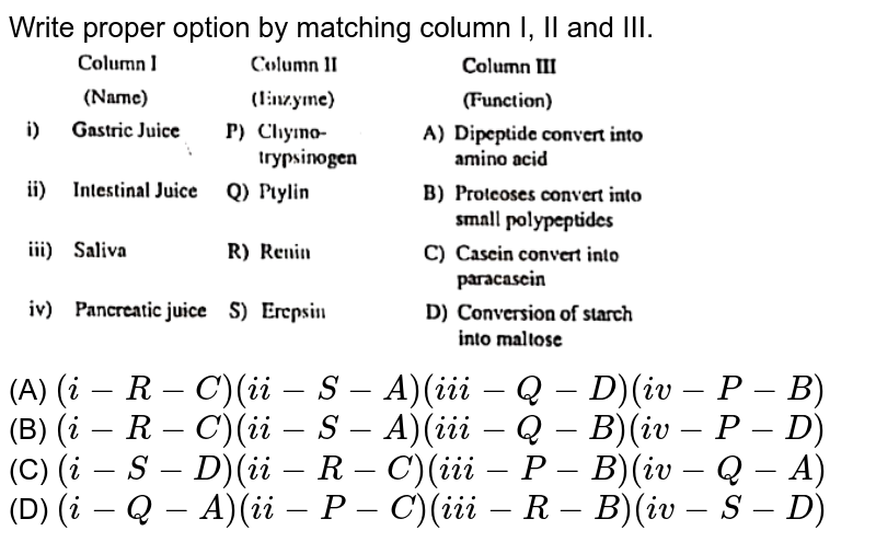 Write proper option by matching column I, II and III. (A) (i-R-C)(ii-S-A) (iii-Q-D) (iv-P-B) (B) (i-R-C) (ii-S-A) (iii - Q- B) (iv-P-D) (C) (i-S-D) (ii-R-C) (iii - P- B) (iv - Q-A) (D) (i-Q-A) (ii - P-C) (iii - R - B) (iv-S-D)