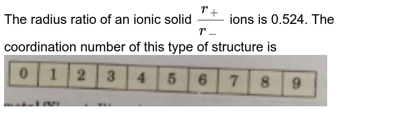 The radius ratio of an ionic solid r_+/r_- ions is 0.524. The coordination number of this type of structure is