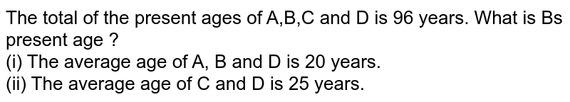The total of the present ages of A,B,C and D is 96 years. What is B's present age ? (i) The average age of A, B and D is 20 years. (ii) The average age of C and D is 25 years.