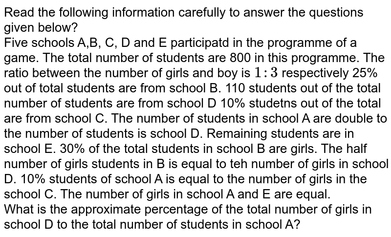Read the following information carefully to answer the questions given below? Five schools A,B, C, D and E participatd in the programme of a game. The total number of students are 800 in this programme. The ratio between the number of girls and boy is 1:3 respectively 25% out of total students are from school B. 110 students out of the total number of students are from school D 10% studetns out of the total are from school C. The number of students in school A are double to the number of students is school D. Remaining students are in school E. 30% of the total students in school B are girls. The half number of girls students in B is equal to teh number of girls in school D. 10% students of school A is equal to the number of girls in the school C. The number of girls in school A and E are equal. What is the approximate percentage of the total number of girls in school D to the total number of students in school A?