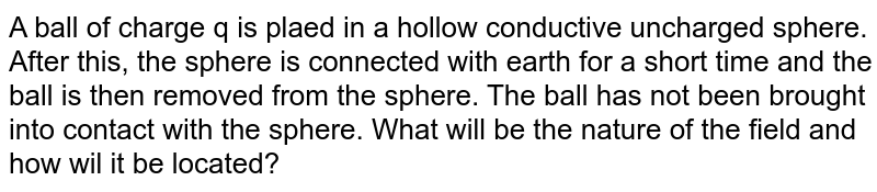 A ball of charge q is plaed in a hollow conductive uncharged sphere. After this, the sphere is connected with earth for a short time and the ball is then removed from the sphere. The ball has not been brought into contact with the sphere. What will be the nature of the field and how wil it be located?