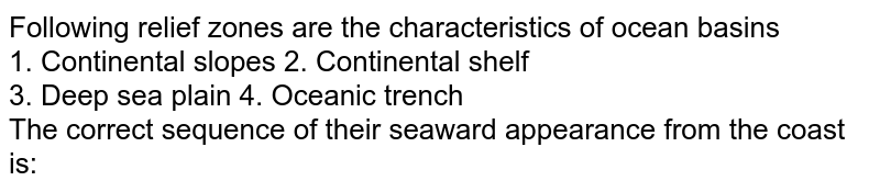 Following relief zones are the characteristics of ocean basins 1. Continental slopes 2. Continental shelf 3. Deep sea plain 4. Oceanic trench The correct sequence of their seaward appearance from the coast is: