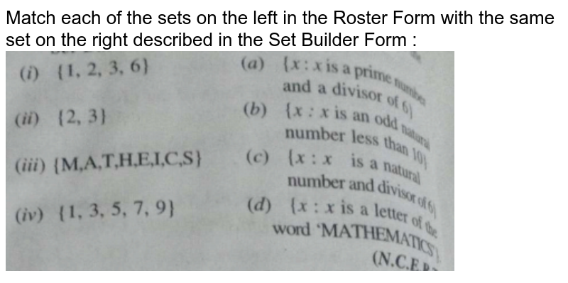 Match each of the sets on the left in the Roster Form with the same set on the right described in the Set Builder Form : <br><img src="https://doubtnut-static.s.llnwi.net/static/physics_images/MDN_JPM_MAT_XI_P1_U01_C01_E01_039_Q01.png" width="80%">