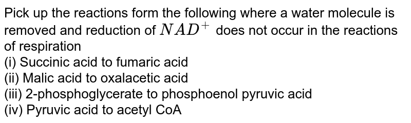 Pick up the reactions form the following where a water molecule is removed and reduction of NAD^(+) does not occur in the reactions of respiration (i) Succinic acid to fumaric acid (ii) Malic acid to oxalacetic acid (iii) 2-phosphoglycerate to phosphoenol pyruvic acid (iv) Pyruvic acid to acetyl CoA