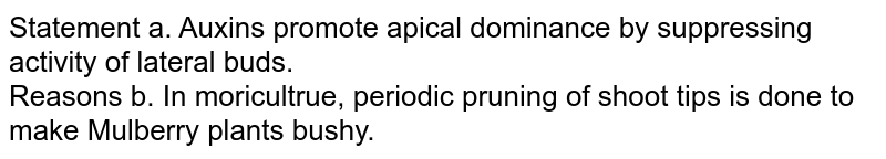 Statement a. Auxins promote apical dominance by suppressing activity of lateral buds. Reasons b. In moricultrue, periodic pruning of shoot tips is done to make Mulberry plants bushy.