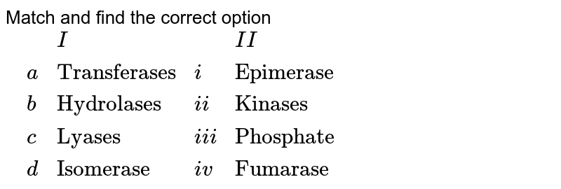 Match and find the correct option {:(,"",I,"",II),(,a,"Transferases",i,"Epimerase"),(,b,"Hydrolases",ii,"Kinases"),(,c,"Lyases",iii,"Phosphatase"),(,d,"Isomerase",iv,"Fumarase"):} (a) a-ii, b-iii, c-iv, d-i (b) a-ii, b-iii, c-i, d-iv (c) a-v, b-i, c-iv, d-iii (d) a-ii, b-i, c-v, d-iii