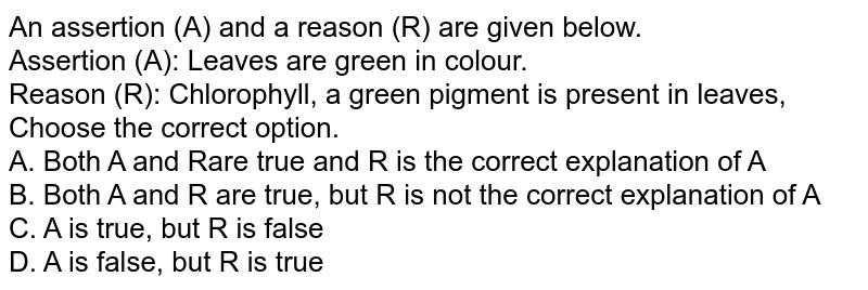 An assertion (A) and a reason (R) are given below. Assertion (A): Leaves are green in colour. Reason (R): Chlorophyll, a green pigment is present in leaves, Choose the correct option. A. Both A and Rare true and R is the correct explanation of A B. Both A and R are true, but R is not the correct explanation of A C. A is true, but R is false D. A is false, but R is true