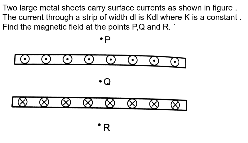 Two large metal sheets carry surface currents as shown in figure . The current through a strip of width dl is Kdl where K is a constant . Find the magnetic field at the points P,Q and R.  ` <br> <img src="https://d10lpgp6xz60nq.cloudfront.net/physics_images/HCV_VOL2_C35_E01_083_Q01.png" width="80%">
