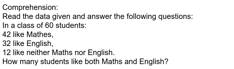 Comprehension: Read the data given and answer the following questions: In a class of 60 students: 42 like Mathes, 32 like English, 12 like neither Maths nor English. How many students like both Maths and English?