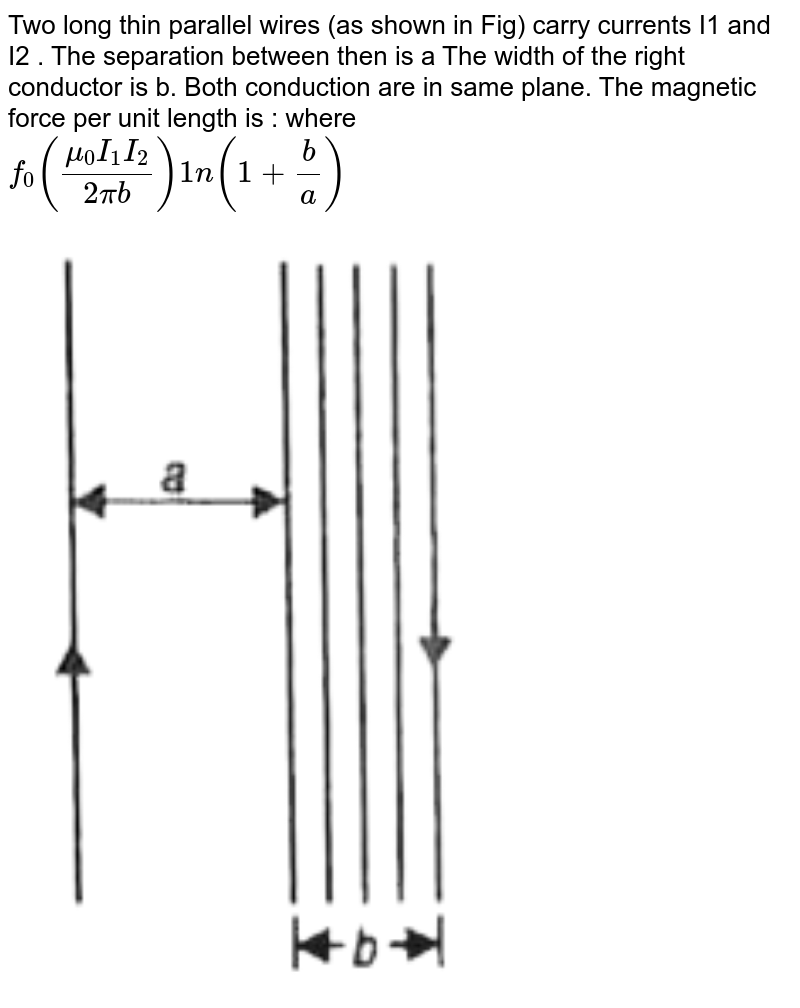 Two long thin parallel conductors of mass density m1 and m2 carry