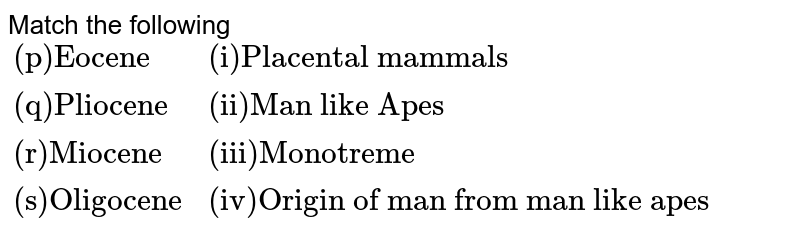 Match the following {:("(p)Eocene","(i)Placental mammals"),("(q)Pliocene","(ii)Man like Apes "),("(r)Miocene","(iii)Monotreme"),("(s)Oligocene","(iv)Origin of man from man like apes"):}