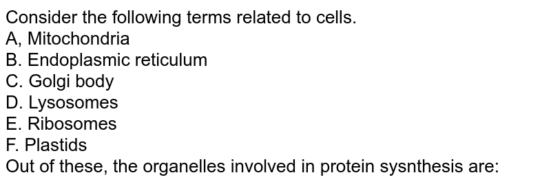 Consider the following terms related to cells. A, Mitochondria B. Endoplasmic reticulum C. Golgi body D. Lysosomes E. Ribosomes F. Plastids Out of these, the organelles involved in protein sysnthesis are: