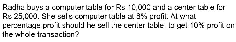 Radha buys a computer table for Rs 10,000 and a center table for Rs 25,000. She sells computer table at 8% profit. At what percentage profit should he sell the center table, to get 10% profit on the whole transaction?