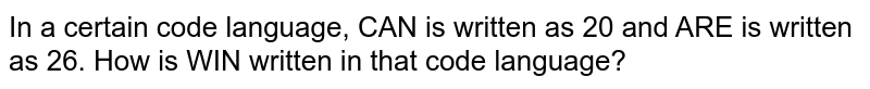 In a certain code language, "CAN" is written as "20" and "ARE" is written as "26". How is "WIN" written in that code language?