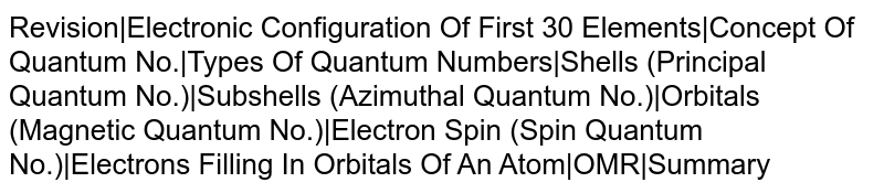 Revision|Electronic Configuration Of First 30 Elements|Concept Of Quantum No.|Types Of Quantum Numbers|Shells (Principal Quantum No.)|Subshells (Azimuthal Quantum No.)|Orbitals (Magnetic Quantum No.)|Electron Spin (Spin Quantum No.)|Electrons Filling In Orbitals Of An Atom|OMR|Summary
