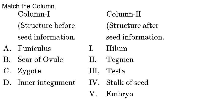 Match the Column. {:(,"Column-I",,,"Column-II"),(,"(Structure before",,,"(Structure after"),(,"seed formation.",,,"seed formation."),("A.","Funiculus",,"I.","Hilum"),("B.","Scar of Ovule",,"II.","Tegmen"),("C.","Zygote",,"III.","Testa"),("D.","Inner integument",,"IV.","Stalk of seed"),(,,,"V.","Embryo"):}