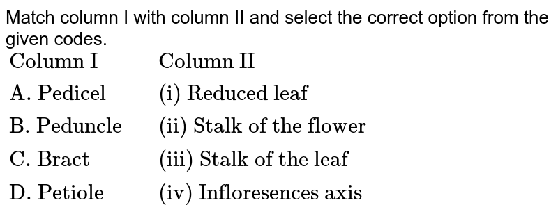 Match column I with column II and select the correct option from the given codes. <br> `{:("Column I",,"Column II"),("A. Pedicel",,"(i) Reduced leaf"),("B. Peduncle",,"(ii) Stalk of the flower"),("C. Bract",,"(iii) Stalk of the leaf"),("D. Petiole",,"(iv) Infloresences axis"):}`
