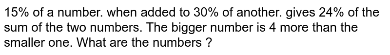 15% of a number. when added to 30% of another. gives 24% of the sum of the two numbers. The bigger number is 4 more than the smaller one. What are the numbers ?