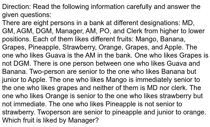 Direction: Read the following information carefully and answer the given questions: There are eight persons in a bank at different designations: MD, GM, AGM, DGM, Manager, AM, PO, and Clerk from higher to lower positions. Each of them likes different fruits: Mango, Banana, Grapes, Pineapple, Strawberry, Orange, Grapes, and Apple. The one who likes Guava is the AM in the bank. One who likes Grapes is not DGM. There is one person between one who likes Guava and Banana. Two-person are senior to the one who likes Banana but junior to Apple. The one who likes Mango is immediately senior to the one who likes grapes and neither of them is MD nor clerk. The one who likes Orange is senior to the one who likes strawberry but not immediate. The one who likes Pineapple is not senior to strawberry. Twoperson are senior to pineapple and junior to orange. Which fruit is liked by Manager?