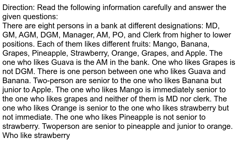 Direction: Read the following information carefully and answer the given questions: There are eight persons in a bank at different designations: MD, GM, AGM, DGM, Manager, AM, PO, and Clerk from higher to lower positions. Each of them likes different fruits: Mango, Banana, Grapes, Pineapple, Strawberry, Orange, Grapes, and Apple. The one who likes Guava is the AM in the bank. One who likes Grapes is not DGM. There is one person between one who likes Guava and Banana. Two-person are senior to the one who likes Banana but junior to Apple. The one who likes Mango is immediately senior to the one who likes grapes and neither of them is MD nor clerk. The one who likes Orange is senior to the one who likes strawberry but not immediate. The one who likes Pineapple is not senior to strawberry. Twoperson are senior to pineapple and junior to orange. Who like strawberry