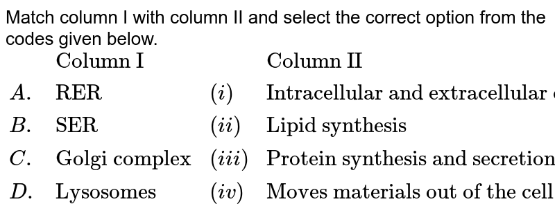 Match column I with column II and select the correct option from the codes given below. {:(,"Column I",,"Column II"),(A.,"RER",(i),"Intracellular and extracellular digestion"),(B.,"SER",(ii),"Lipid synthesis"),(C.,"Golgi complex",(iii),"Protein synthesis and secretion"),(D.,"Lysosomes",(iv),"Moves materials out of the cell"):}