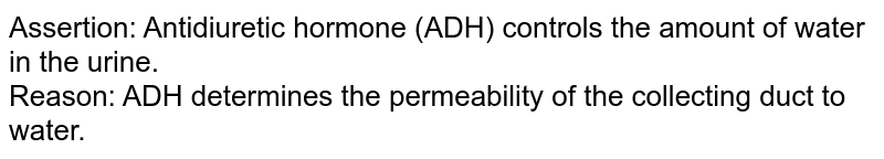 Assertion: Antidiuretic hormone (ADH) controls the amount of water in the urine. <br> Reason: ADH determines the permeability of the collecting duct to water.