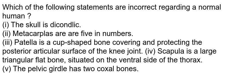 Which of the following statements are incorrect regarding a normal human ? (i) The skull is dicondlic. (ii) Metacarplas are are five in numbers. (iii) Patella is a cup-shaped bone covering and protecting the posterior articular surface of the knee joint. (iv) Scapula is a large triangular flat bone, situated on the ventral side of the thorax. (v) The pelvic girdle has two coxal bones.