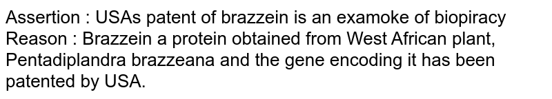 Assertion : USA's patent of brazzein is an examoke of biopiracy Reason : Brazzein a protein obtained from West African plant, Pentadiplandra brazzeana and the gene encoding it has been patented by USA.