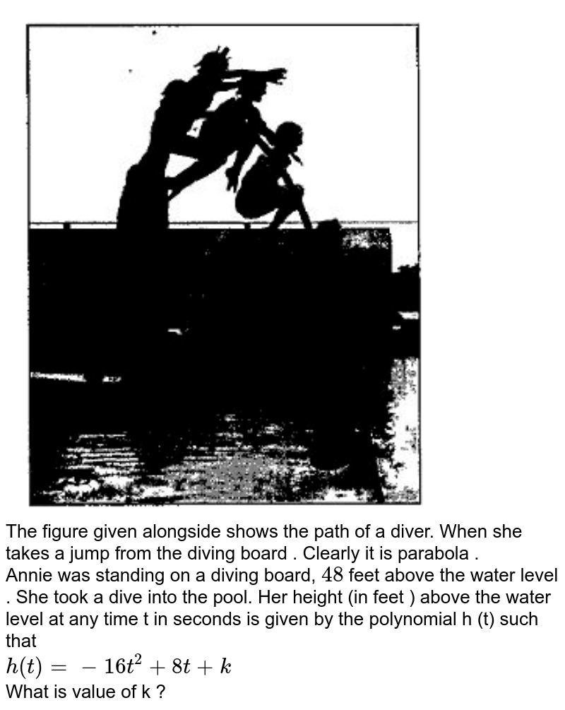 The figure given alongside shows the path of a diver. When she takes a jump from the diving board . Clearly it is parabola . Annie was standing on a diving board, 48 feet above the water level . She took a dive into the pool. Her height (in feet ) above the water level at any time 't' in seconds is given by the polynomial h (t) such that h(t)=-16t^(2)+8t+k What is value of k ?