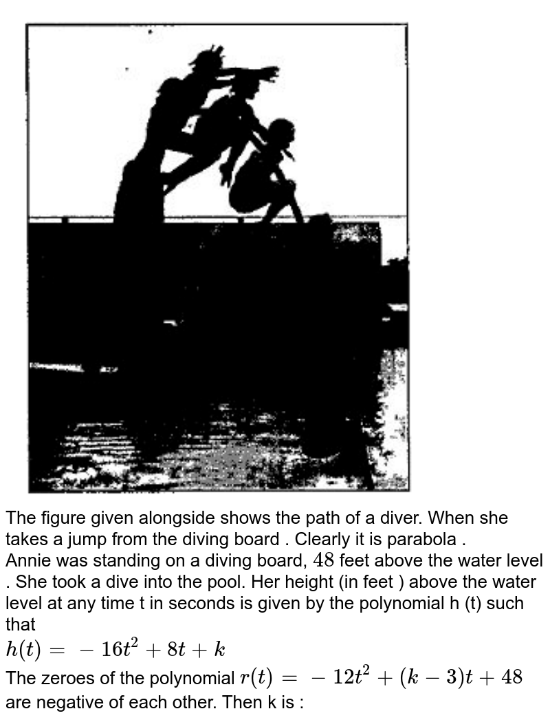 The figure given alongside shows the path of a diver. When she takes a jump from the diving board . Clearly it is parabola . Annie was standing on a diving board, 48 feet above the water level . She took a dive into the pool. Her height (in feet ) above the water level at any time 't' in seconds is given by the polynomial h (t) such that h(t)=-16t^(2)+8t+k The zeroes of the polynomial r(t)=-12t^(2)+(k-3)t+48 are negative of each other. Then k is :