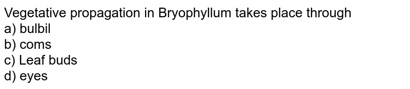 Vegetative propagation in Bryophyllum takes place through a) bulbil b) coms c) Leaf buds d) eyes