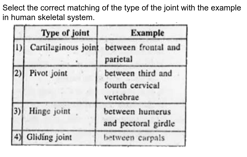 Select the correct matching of the type of the joint with the example in human skeletal system.