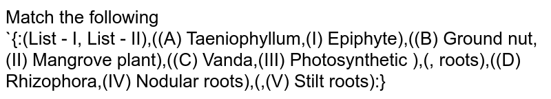 Match the following {:("List - I", "List - II"),("(A) Taeniophyllum","(I) Epiphyte"),("(B) Ground nut","(II) Mangrove plant"),("(C) Vanda","(III) Photosynthetic "),(," roots"),("(D) Rhizophora","(IV) Nodular roots"),(,"(V) Stilt roots"):}