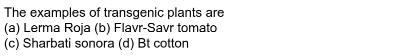 The examples of transgenic plants are (a) Lerma Roja (b) Flavr-Savr tomato (c) Sharbati sonora (d) Bt cotton
