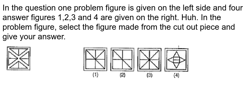 In the question one problem figure is given on the left side and four answer figures 1,2,3 and 4 are given on the right. Huh. In the problem figure, select the figure made from the cut out piece and give your answer.