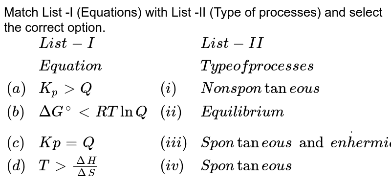 {:(,"List I ( Equations)",,"List II( Type of Processes)"),((A),K_(p) gt Q ,(p),"Non-spontaneous"),((B ),DeltaG^(@) lt RT ln Q,(q ),"Equilibrium "),((C),K_(p) =Q ,(r),"Spontaneous and endothermic "),((D),T gt (DeltaH)/( DeltaS),(s),"Spontaneous"):} (a) A-p,B-q,C-r,D-s (b) A-r,B-s,C-q,D-p (c ) A-s,B-p,C-q,D-r (d) A-q,B-p,C-s,D-r