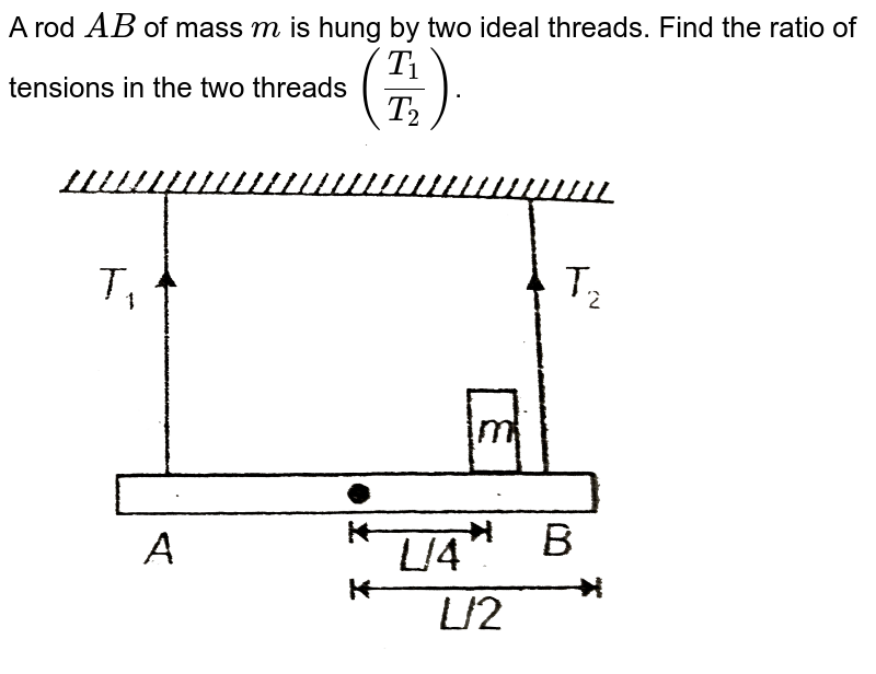 A rod `AB` of mass `m` is hung by two ideal threads. Find the ratio of tensions in the two threads `((T_(1))/(T_(2)))`. <br>  <img src="https://d10lpgp6xz60nq.cloudfront.net/physics_images/AAK_T2_PHY_C07_E02_029_Q01.png" width="80%"> 