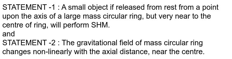 STATEMENT -1 : A small object if released from rest from a point upon the axis of a large mass circular ring, but very near to the centre of ring, will perform SHM. <br> and <br> STATEMENT -2 : The gravitational field of mass circular ring changes non-linearly with the axial distance, near the centre. 