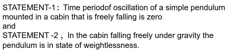 STATEMENT-1`:` Time periodof oscillation of a simple pendulum mounted in a cabin that is freely falling is zero <br> and <br> STATEMENT -2 `,` In the cabin falling freely under gravity the pendulum is in state of weightlessness.