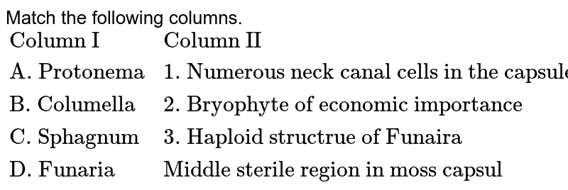 Match the following columns. {:("Column I","Column II"),("A. Protonema","1. Numerous neck canal cells in the capsule"),("B. Columella","2. Bryophyte of economic importance "),("C. Sphagnum","3. Haploid structrue of Funaira"),("D. Funaria","Middle sterile region in moss capsul"):}