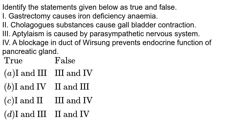Identify the statements given below as true and false. I. Gastrectomy causes iron deficiency anaemia. II. Cholagogues substances cause gall bladder contraction. III. Aptylaism is caused by parasympathetic nervous system. IV. A blockage in duct of Wirsung prevents endocrine function of pancreatic gland. {:("True", "False"), ((a) "I and III", "III and IV"), ((b) "I and IV", "II and III"), ((c) "I and II", "III and IV"), ((d) "I and III", "II and IV"):}