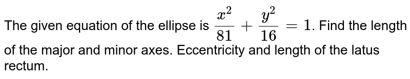 The given equation of the ellipse is `(x^(2))/(81) + (y^(2))/(16) =1`. Find the length of the major and minor axes. Eccentricity and length of the latus rectum. 