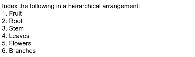 Index the following in a hierarchical arrangement: 1. Fruit 2. Root 3. Stem 4. Leaves 5. Flowers 6. Branches