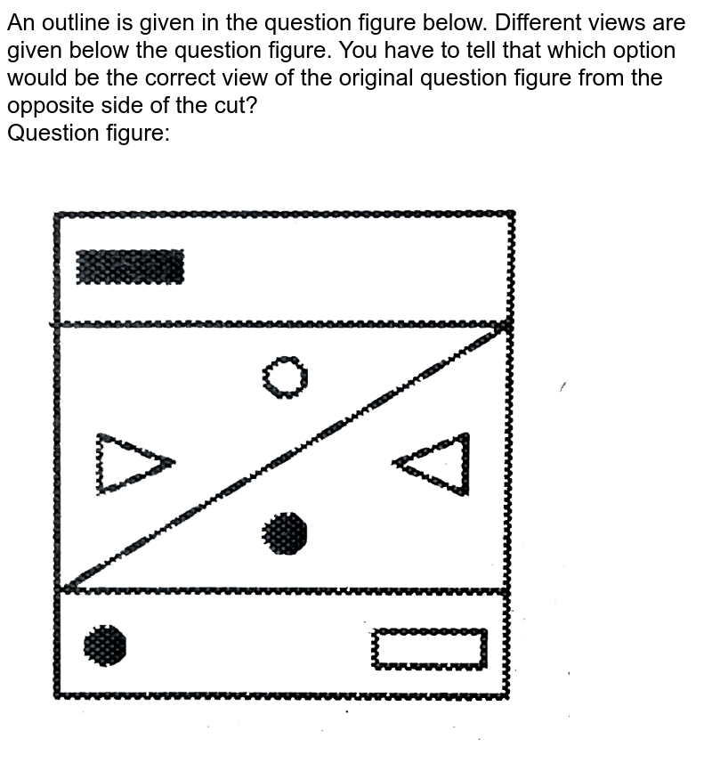 An outline is given in the question figure below. Different views are given below the question figure. You have to tell that which option would be the correct view of the original question figure from the opposite side of the cut? Question figure: