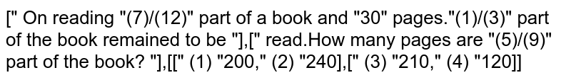 On reading `(7)/(12)` part of a book and `30` pages,`(1)/(3)` part of the book remained to be read.How many pages are `(5)/(9)` part of the book?